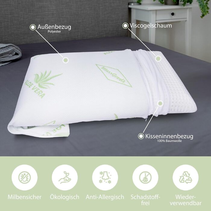 MaxxGoods orthopedic pillow, neck support pillow made of viscoelastic foam with aloe vera cover & inner cover 100% cotton - head pillow for waterbeds, children, stomach sleepers (42cm x 70cm x 10cm)