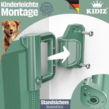 Захист для сходів KIDIZ® - розтяжний захист для дітей та домашніх тварин | Сітка-захист для сходів та дверей | З кріпленням до підлоги та аксесуарами для монтажу (0-180 см, Зелений)
