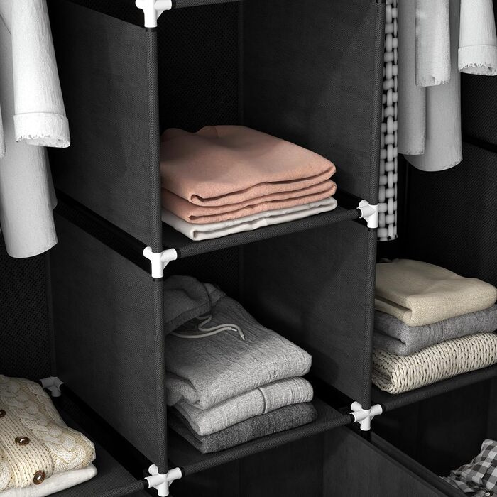 HOMCOM Fabric Wardrobe, Foldable Clothes Closet with Clothes Rod & Drawers, Folding Closet with Zipper, Fabric Closet for Bedroom, Black, 125 x 43 x 162.5