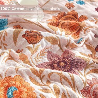 Богемна ковдра Boho з 100% бавовни, м'яка двостороння муслінова ковдра 150x200 см, плед для дивану та ліжка, декоративна patchwork ковдра, літня ковдра для вітальні, зелено-бежева (200 x 230 см, Blumentanz)