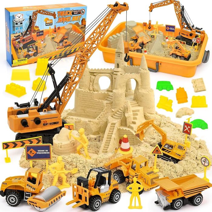 Tacobear Construction Site Magic Sand Case Sensory Toy Gifts Boy 3-8 Years with 1kg Kinetic Sand, Crane Toy, 5 Mini Vehicles & 14 Sand Molds, Sand Play Toy, Magic Sand Gift for Kids