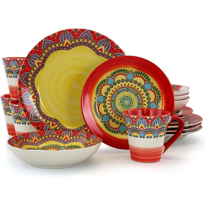 Сервіз Elama Tafelservice з кераміки, керамічний, з малюнком Мандала, багатокольоровий, круглий, зелений, 16 предметів, блакитний
