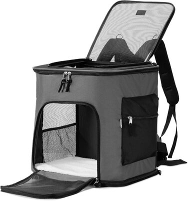 Рюкзак для собак та котів Navaris з підкладкою - рюкзак-переноска для тварин з поясом - 41x34,5x43см, розкладний, до 12кг, блакитний (темно-сірий)