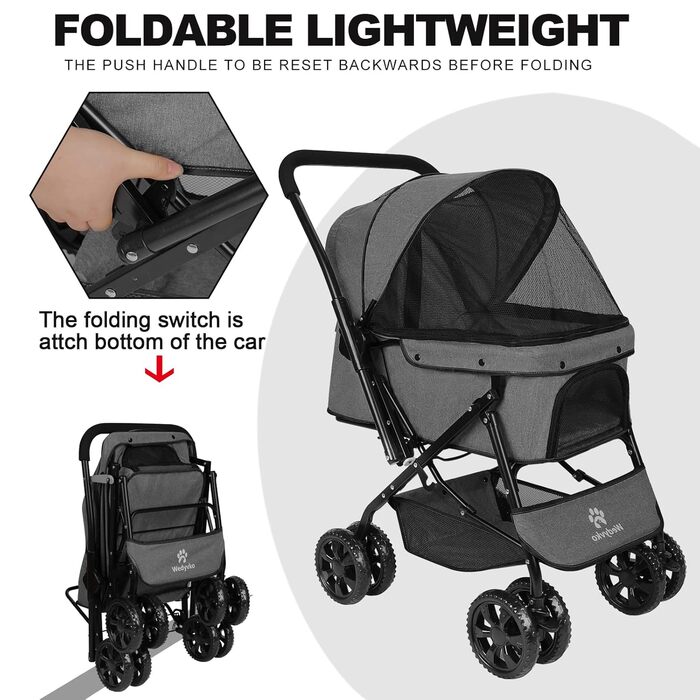 Візок для собак Wedyvko до 20 кг, 4 колеса, складний, для маленьких та середніх собак/кішок, з кошиком для зберігання та тримачем для напоїв (A-темно-сірий)