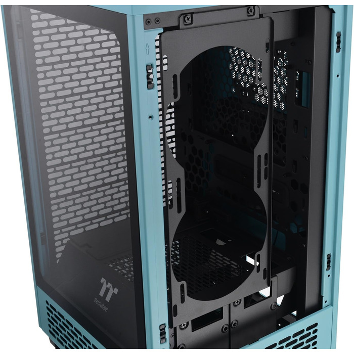 Корпус Thermaltake The Tower 200 Turquoise Mini-ITX з вертикальним розташуванням, загартоване скло, 2x CT140 вентилятори, підтримка AIO 280мм, GPU до 380мм