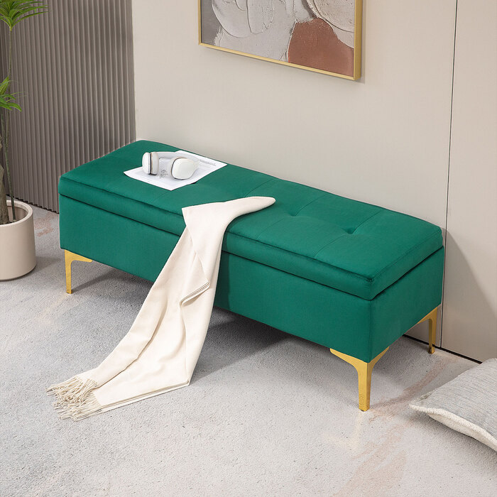 HOMCOM Storage Bench, Upholstered Bench with Velvet Look 120x44x44.5 cm, Metal Legs, Bed Bench for Living Room Bedroom Hallway, green