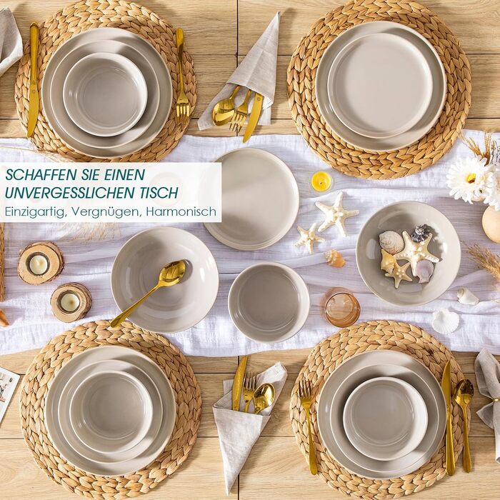 Набір чашок Vancasso PLAYA 6 шт. з ручкою 480мл, чайні чашки з кераміки, придатні для мікрохвильової печі та посудомийної машини (Бежевий, Сервіз 48 шт.)