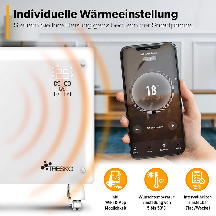 Конвектор TRESKO® 2000W з Wi-Fi, LED-дисплеєм та таймером | Електрична скляна панель опалення | Білий | 2000 Вт