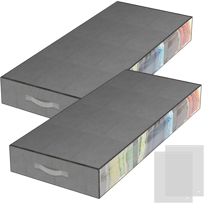 Комод під ліжко, 2 шт. Коробки для зберігання під ліжко з кишеньками для одягу, прозорі, ящик для ліжка з вікном, органайзер для ковдр, подушок, одягу, постільної білизни (сірий)