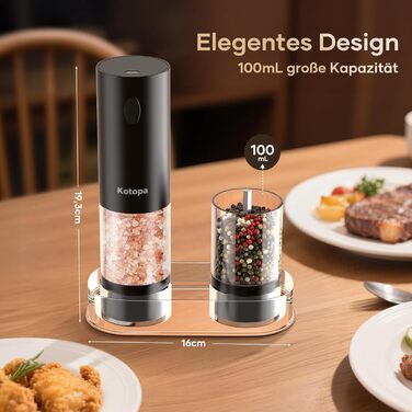 Електричні мельниці для солі та перцю 2 шт. (чорні) з регулюванням помелу, LED-підсвіткою та ємністю 100 мл