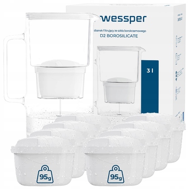 Скляний фільтр-кувшин Wessper D2 BOROSILICATE 3л, білий + 9 фільтрів