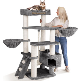 HAPPYPET Драбина для котів Jacob XXL - велика, стабільна, з сизалевими стовпчиками та масивною основою, ідеальна для великих порід, сірого кольору