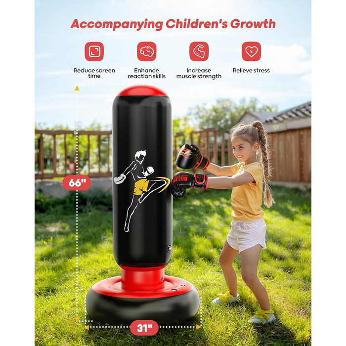 Дитячий боксерський мішок QPAU з рукавичками, 168 см, стабільний надувний боксерський мішок для дітей 6-12 років, подарунок для хлопчиків та дівчаток (Чорний & Червоний)
