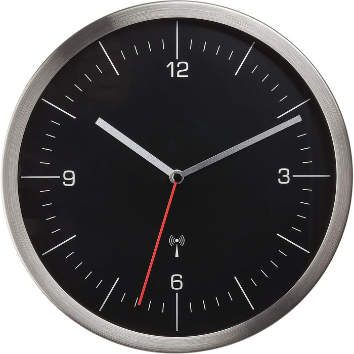 TFA Dostmann Wall Clock, 60.3544.01, No Ticking Sound, Kitchen Wall Clock, Analog, Glass Stainless Steel Black-Silver, 245 x 41 mm