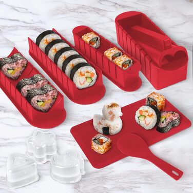 Набір для приготування суші, 20 предметів, для початківців, з формами для ролів, виделкою, ножем, килимком для ролу, палочками, повний комплект (Чорний) (Червоний+тарілка)