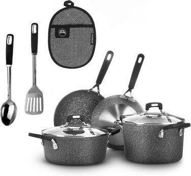 Набір посуду KASANOVA New Petra: каструлі та сковорідки з антипригарним покриттям для індукційних та газових плит, духовки до 180°C, з захистом ручок та нержавіючою ложкою