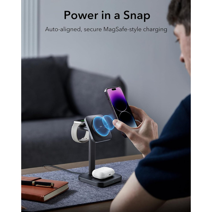 Зарядний станція 3-в-1 ESR MagSafe для Apple Watch та iPhone, білий/чорний, сумісна з iPhone 17/16/15/14/13/12, Apple Watch 9/8/7/6/5/4/3/2/SE та AirPods 4/3/2/Pro