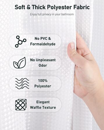 Шторка для душу Uniclife Біла, 180x180 см, вафельна текстура, водовідштовхувальна, 100% поліестер, з 12 нержавіючими люверсами, з 12 металевими гачками та обтяженим краєм, H183 x B183 см (1 шт.)