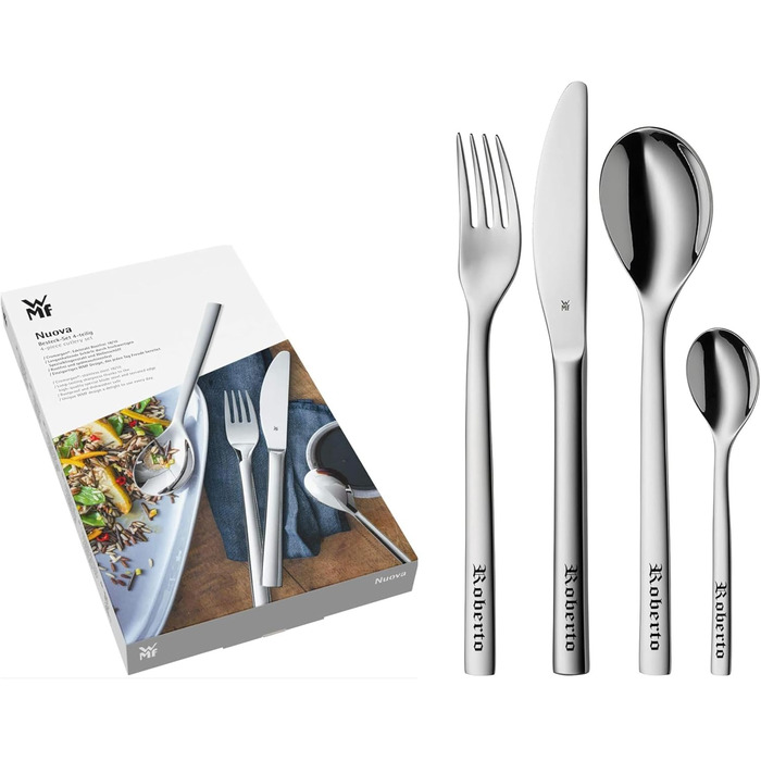 WMF Cutlery Set Nuova with Engraving as Desired, 4-Piece Stainless Steel with Box, NEW