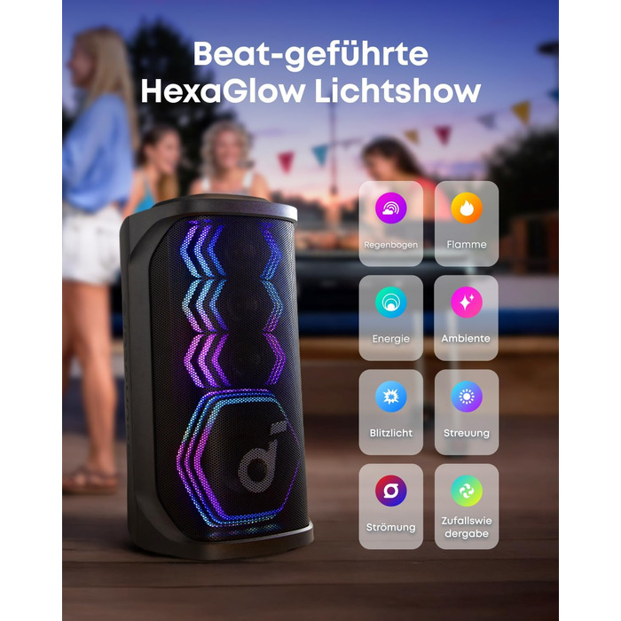 Soundcore PartyBox Rave 3S – портативна колонка з мікрофонами, 200 Вт, Bluetooth, світлодіодна підсвітка, AuraCast, 12 годин роботи, для дому та вулиці