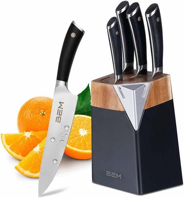 Набір кухонних ножів BEM Master Chef 6 шт. з підставкою: кухонний ніж, ніж для овочів, ніж для нарізки, універсальний ніж, ніж для хліба; шліфувальник, нержавіюча сталь