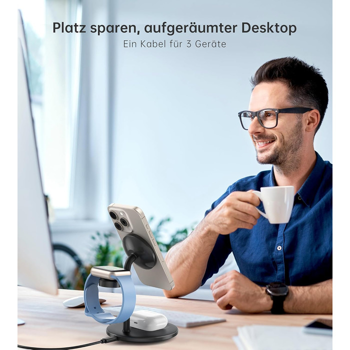 3-в-1 індукційна зарядка для декількох пристроїв, 15W MagSafe зарядка для iPhone 15/14, MagSafe зарядний пристрій для iWatch Ultra 2/1/Series 9/8, AirPods, білий/чорний