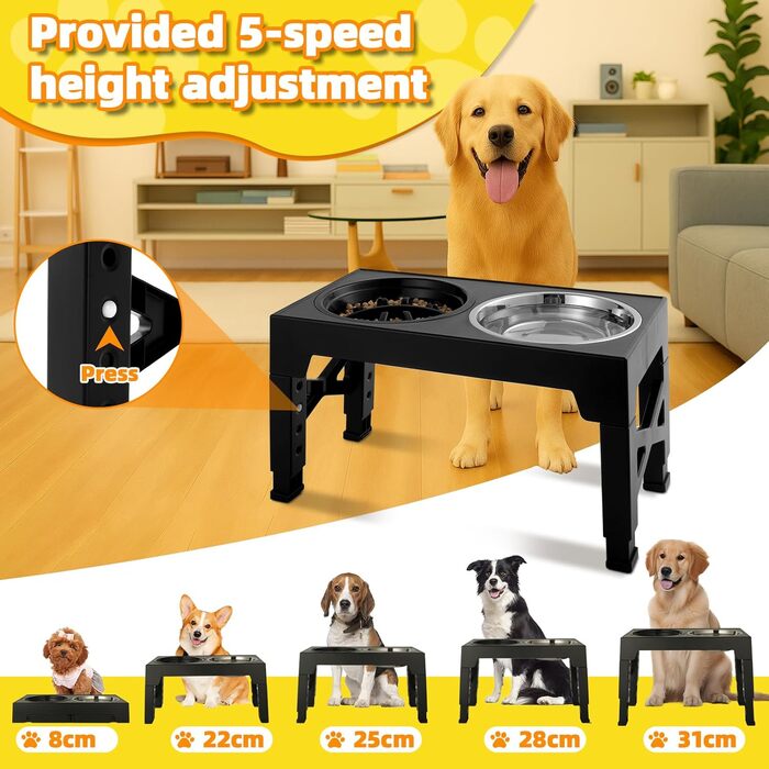 Підвищена годівниця для собак, регульована висота, великі породи - 2 x миска з нержавіючої сталі (1200 мл) + 1 x повільна годівниця (800 мл) - антиковзна станція для годування середніх/великих собак, чорний/сірий колір
