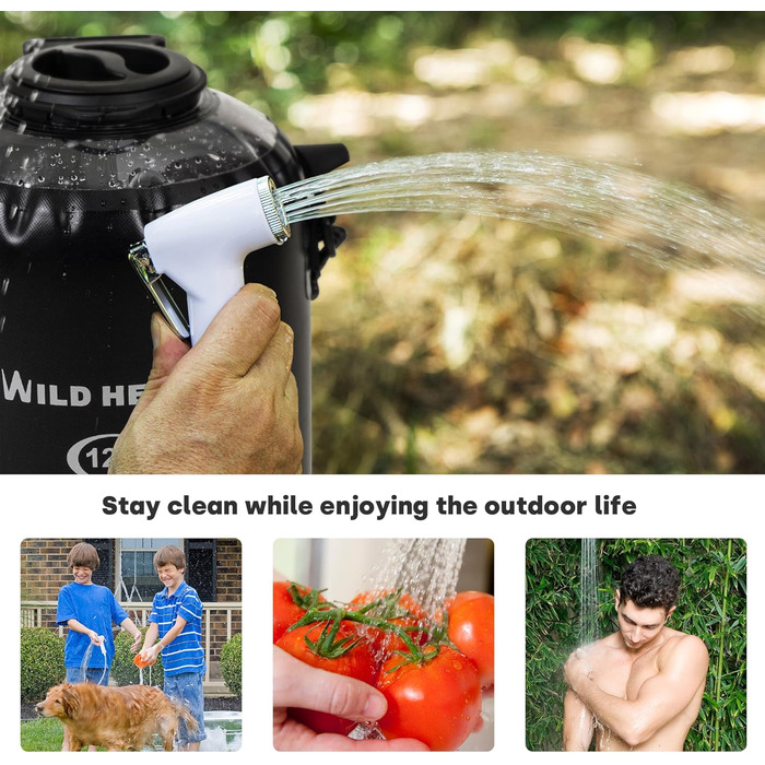 WILD HEAT Camping Shower 12L Portable Shower for Camping with Foot Pump and Shower Bag Backpack for Camping (12L, Black)