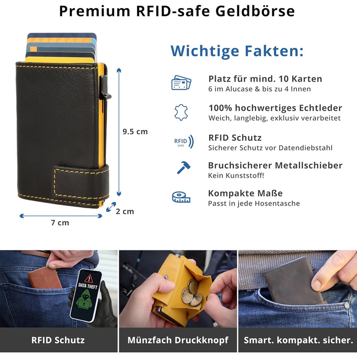 Шкіряний гаманець-картхолдер SecWal з монетницею та RFID-захистом, жовто-чорний, Made in Germany
