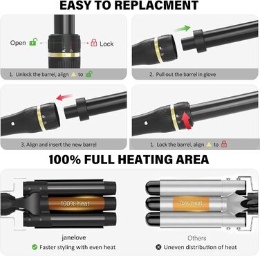 Janelove Welleneisen 3 Fässer: Керамічний локон для волосся 10-32 мм, 180°C/210°C, 5-в-1, з рукавичкою та кліпсами (Чорний)