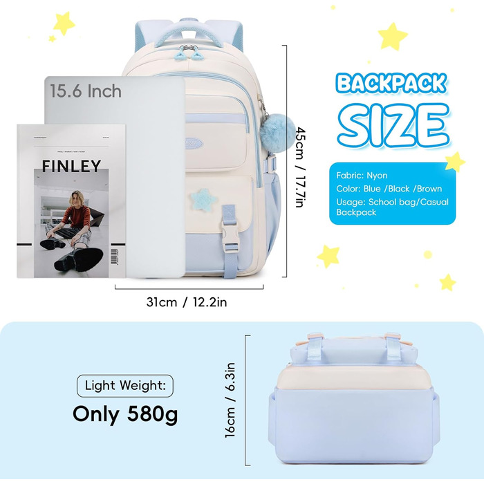 Дитячий рюкзак для школи 3-5 клас, великий рюкзак з помпоном та зірочками, легкий рюкзак-тележка для підлітків, блакитний