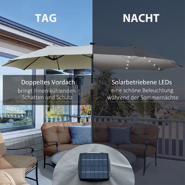 Сонцезахисний парасолька Outsunny з LED сонячним живленням, 4,5м, двосторонній парасолька для саду, овальне виконання, світло-сірого та чорного кольорів, для тераси та саду