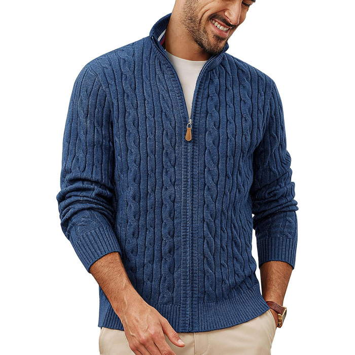 Кардиган чоловічий PJ PAU JONES з коміром-стійкою та блискавкою, в'язаний візерунок, колір морської хвилі (XXL, Indigo)