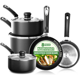 Набір посуду KICHLY 8 предметів з антипригарним покриттям для індукційних плит: каструлі 16, 18, 20 см з кришками, сковороди 20, 28 см