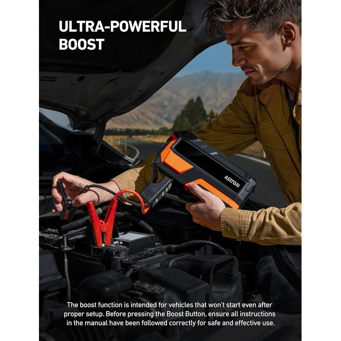 Powerbank AstroAI MF16 6000A з компресором 150PSI: старт для авто, мото, SUV (12V, 10L бензин/8L дизель), LED-дисплей, оранжевий