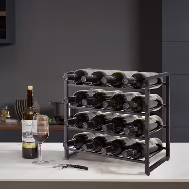 IBUYKE Wine Rack Metal, Freestanding Wine Rack Storage, 4-Tier 16 Bottle Rack, For Bar Counter, Restaurant, Kitchen, Table Rack Wine Holder, Black TMJ903H Metal 16 Bottles