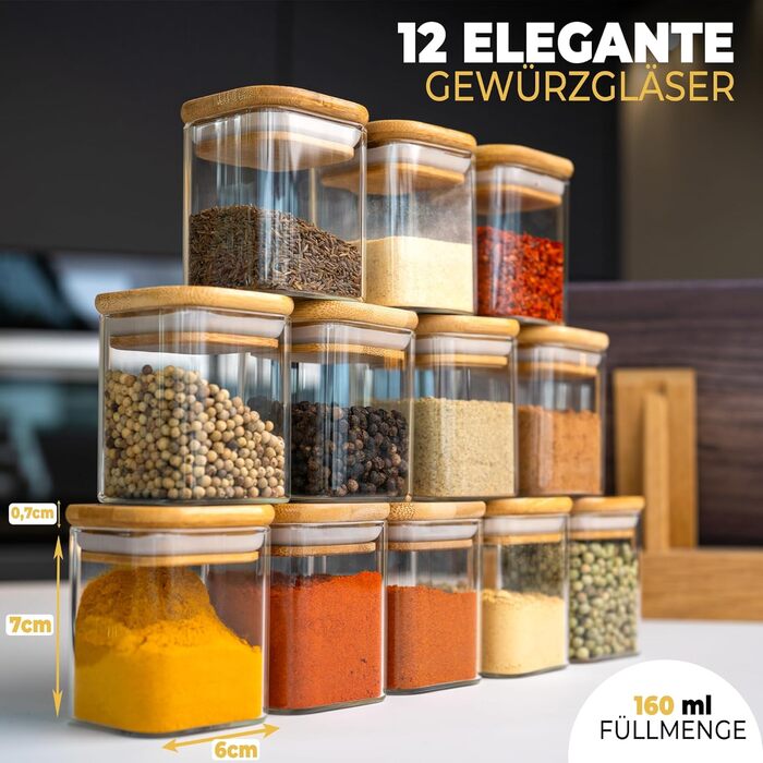 Spice Jars Square I 12 x 160 ml Set I Increased Glass Thickness I Stackable Spice Containers with Bamboo Lids I Airtight Spice Storage for the Kitchen I Suitable for Spice Storage