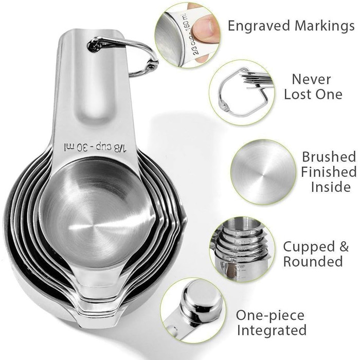 Set of 7 Measuring Cups with 1/8 Cup Coffee Scoop, Stainless Steel Metal Measuring Cups, 7-Piece Stackable Set with Spout - Accurate Measurement
