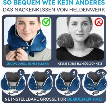 Подушка для шиї Comfy від HELDENWERK: Memory Foam, 6-позиційний регулятор, для подорожей літаком/автомобілем, дихаюча, миється, Navy Blue