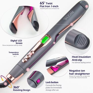 Випрямляч для волосся ANGENIL Pro Twist 2-в-1 (випрямляч та плойка) з LCD дисплеєм, регулюванням температури 130-230°C, сірий