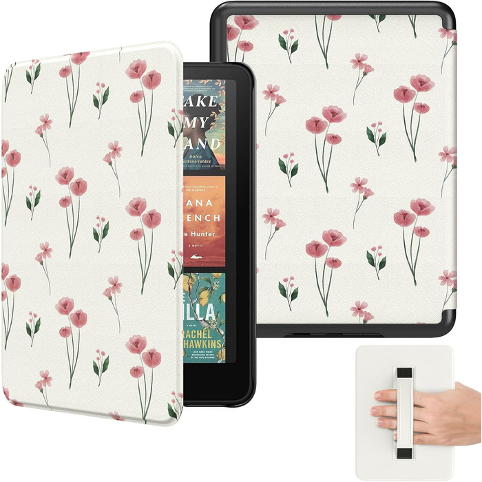 Чохол MoKo для Kindle Paperwhite (12-ге покоління, 2024) та Kindle Colorsoft Signature Edition (2024), з петлею для руки, авто-ввімкнення/вимкнення, Agave Grün (рожеві квіти)