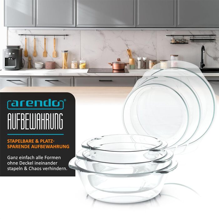 Набір форм для запікання Arendo з кришкою та ручками (3 шт.) – Borosilikatglas – 1000мл, 1500мл, 2000мл – для духовки, мікрохвильовки, BPA-free, скляні контейнери