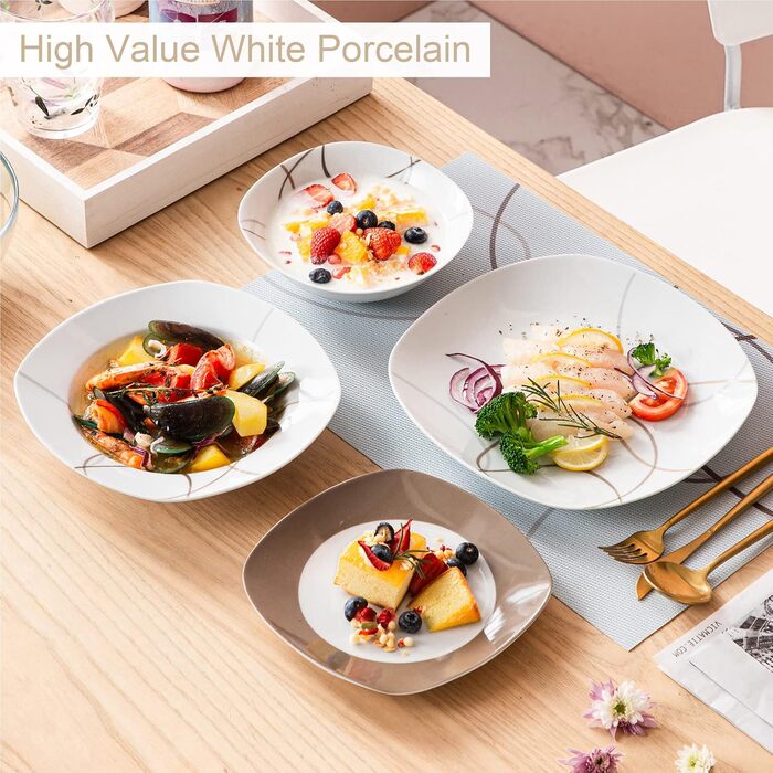 VEWEET Набір посуду 'Нікіта' з порцеляни, 24 елементи | Сервіз включає миски, десертні тарілки, тарілки для їжі та супові тарілки | Сервіз для 4-12 осіб (48-елементний набір посуду)