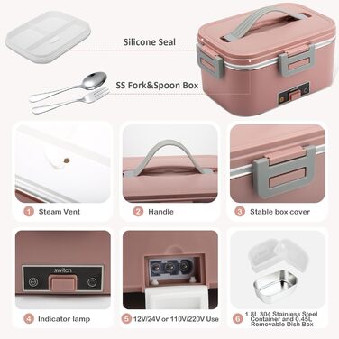 BYbrutek Electric Lunch Box 100W, 3-in-1 Portable Heated Lunch Box, 1.8L Stainless Steel Removable Food Container, 12V/24V/220V Insulated Food Warmer Box for Car/Truck/Office (Pink, 1.8 L)