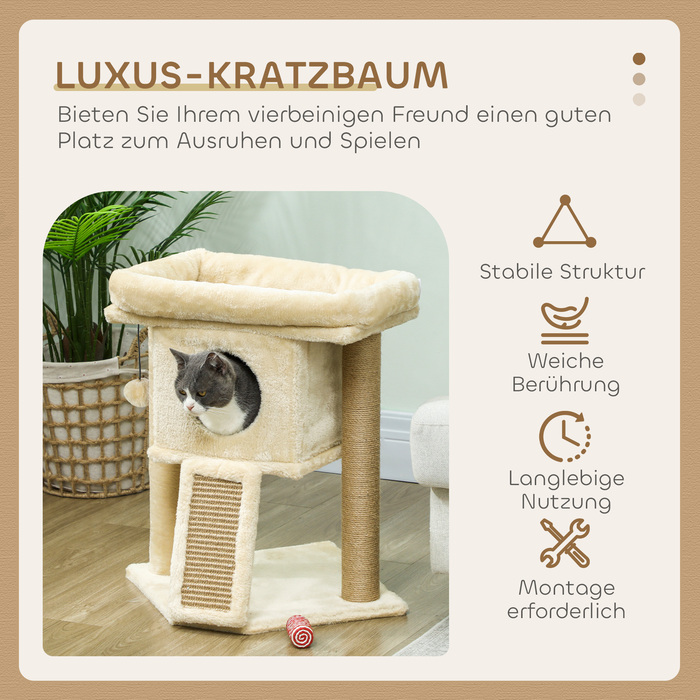 PawHut Cat Tree with Jute Scratching Mat, Lounging Platform, Play Ball, Cat House, Beige, 40 x 40 x 57 cm