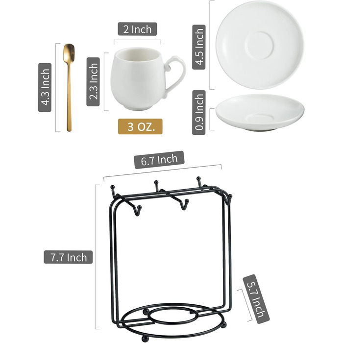 Набір кавових чашок для еспресо LYEOBOH (6 шт.) з підставками та ложками, 85 мл, кераміка, білий