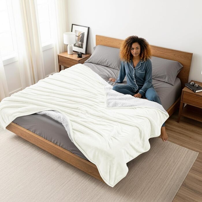 Плед Utopia Bedding з штучного хутра Sherpa, 200 x 150 см - теплий, двосторонній, для ліжка, дивана, кемпінгу та подорожей (228x228 см, слонова кістка)