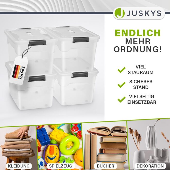 JUSKYS Storage Box with Lid - Set of 4 Plastic Boxes 45L - Large Box, Stackable, Transparent - Storage Organization System Storage Boxes