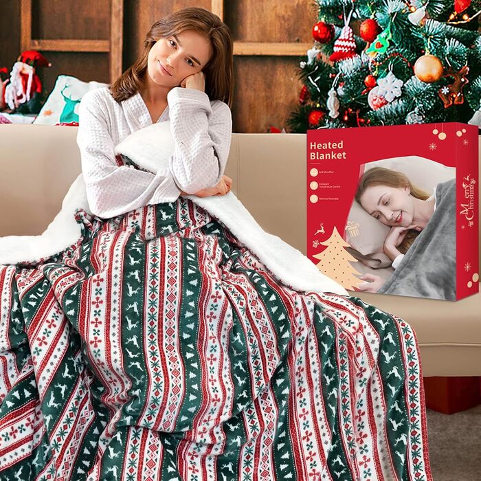 Електрична гріюча ковдра PRANITE 200x180 см з Sherpa-фланелі, 6 режимів нагріву, таймер, захист від перегріву, червона