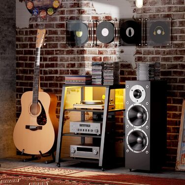 Lifewit Аудіостійка HiFi з полицями, колесами та LED-підсвіткою, 60x55x90 см, коричнево-чорна